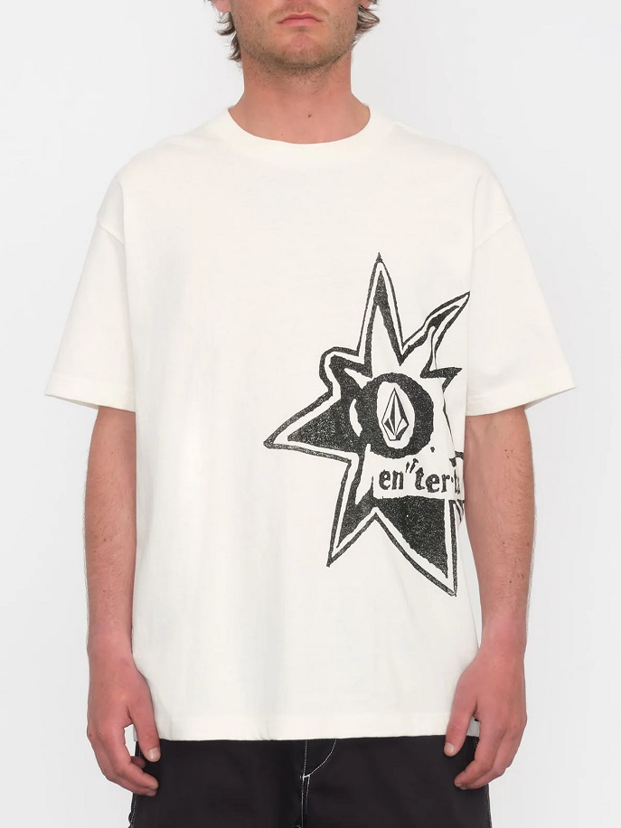 Maglietta Volcom Stone Burst – Cotone bianco con stampe Volcom Entertainment in nero, design collaborativo con Hockey Dad, perfetta per un look surf style.