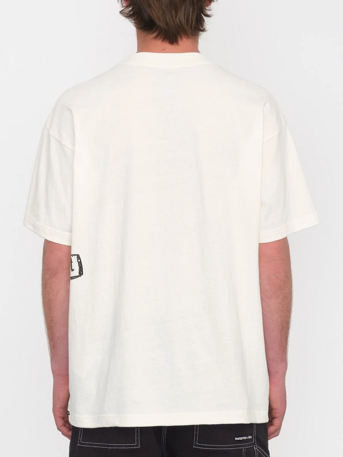 Maglietta Volcom Stone Burst – Cotone bianco con stampe Volcom Entertainment in nero, design collaborativo con Hockey Dad, perfetta per un look surf style.