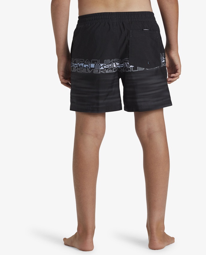 Costume Volley Quiksilver Wordblock da ragazzo, nero con stampa Quiksilver, tessuto idrofobico, lunghezza 14 pollici e tasca posteriore, ideale per l'abbigliamento da surfista.