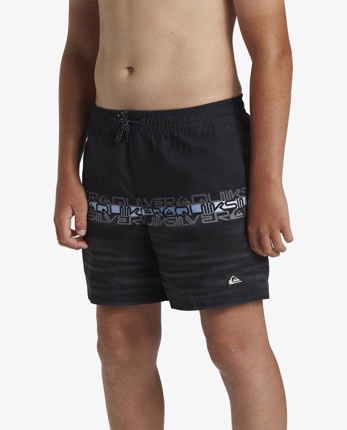 Costume Volley Quiksilver Wordblock da ragazzo, nero con stampa Quiksilver, tessuto idrofobico, lunghezza 14 pollici e tasca posteriore, ideale per l'abbigliamento da surfista.