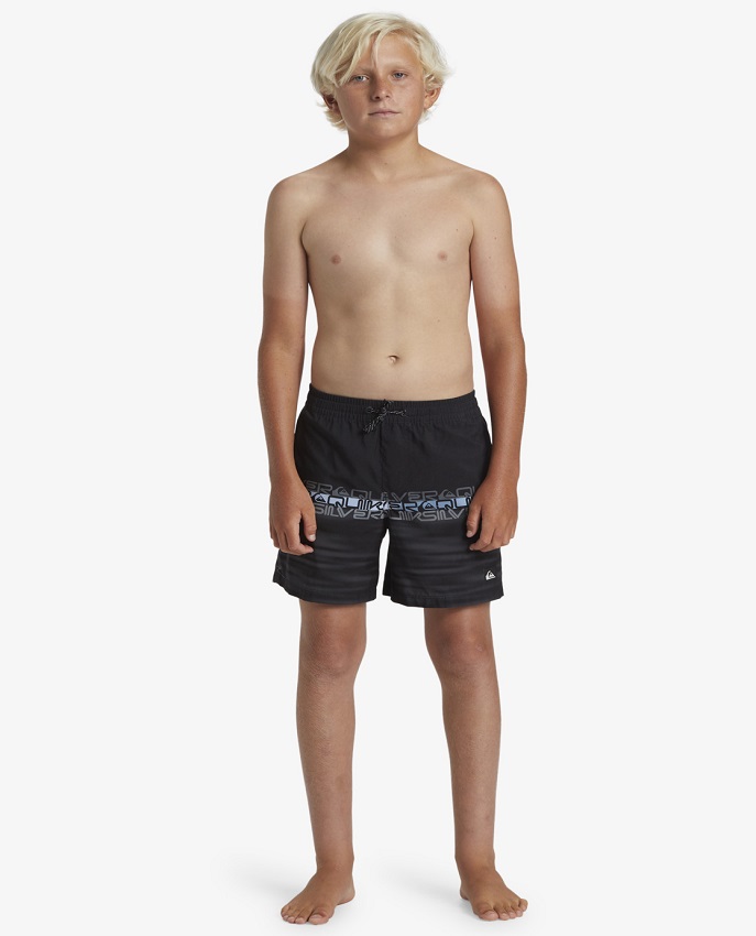 Costume Volley Quiksilver Wordblock da ragazzo, nero con stampa Quiksilver, tessuto idrofobico, lunghezza 14 pollici e tasca posteriore, ideale per l'abbigliamento da surfista.
