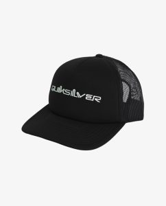 Cappello Trucker Omni Quiksilver nero da uomo con visiera semicurva, rete posteriore e logo frontale.