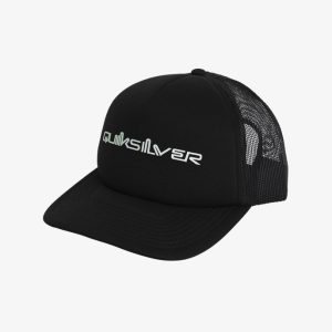 Cappello Trucker Omni Quiksilver nero da uomo con visiera semicurva, rete posteriore e logo frontale.
