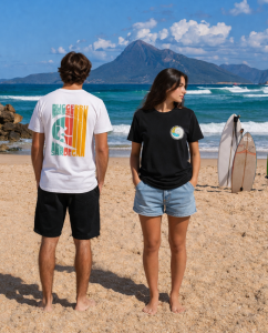 T-shirt Soul Wave Buggerru Sardegna unisex in bianco e nero con stampa sul petto e grafica surf sul retro