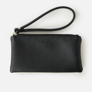 Pochette Rip Curl Essentials nera con cinturino da polso, chiusura con zip e logo in rilievo, dimensioni 19 cm x 11 cm.