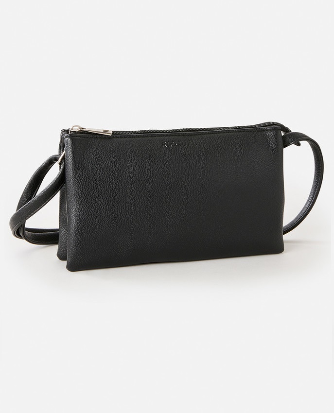 Borsa Rip Curl Mini Essential nera con tre scomparti e chiusura a zip, dimensioni 130 mm x 230 mm x 40 mm.