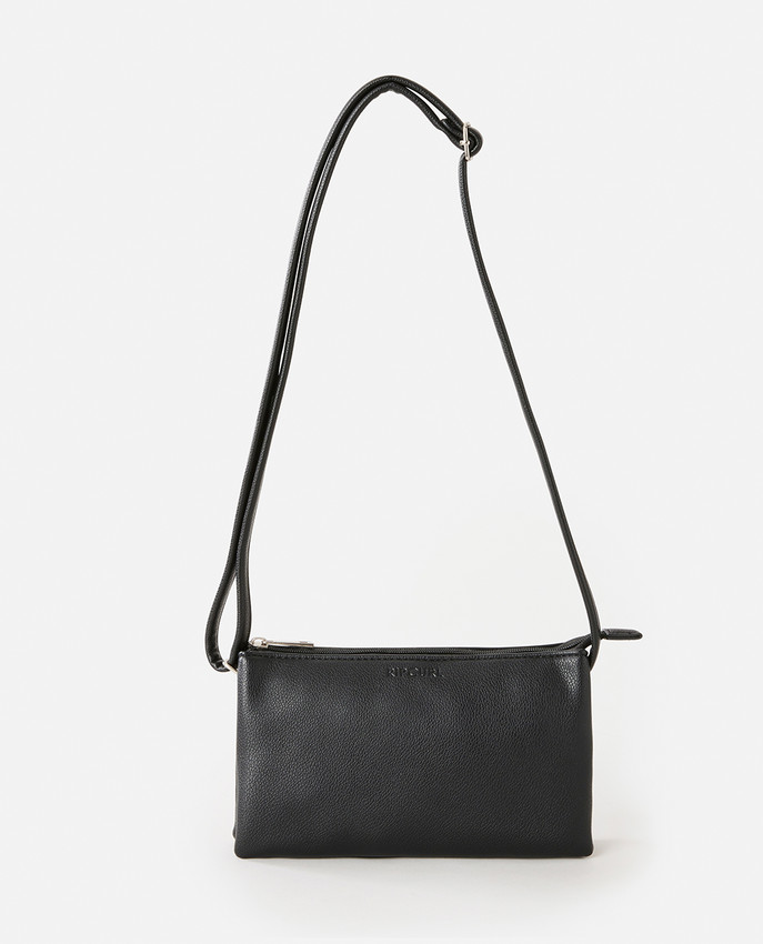 Borsa Rip Curl Mini Essential nera con tre scomparti e chiusura a zip, dimensioni 130 mm x 230 mm x 40 mm.