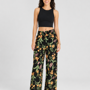 Pantaloni Along The Beach Roxy da donna in viscosa crinkle con vita alta elasticizzata.