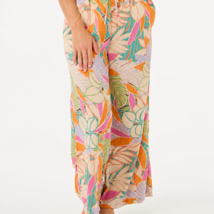Pantaloni Cala Vadella Rip Curl da donna a vita alta con stampa all-over e laccio frontale.