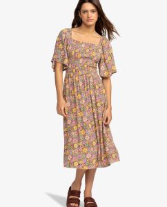 Vestitino Tropical Sunshine Roxy con stampa all-over, maniche corte svolazzanti e punto smock.