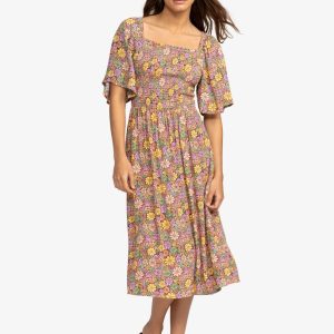 Vestitino Tropical Sunshine Roxy con stampa all-over, maniche corte svolazzanti e punto smock.