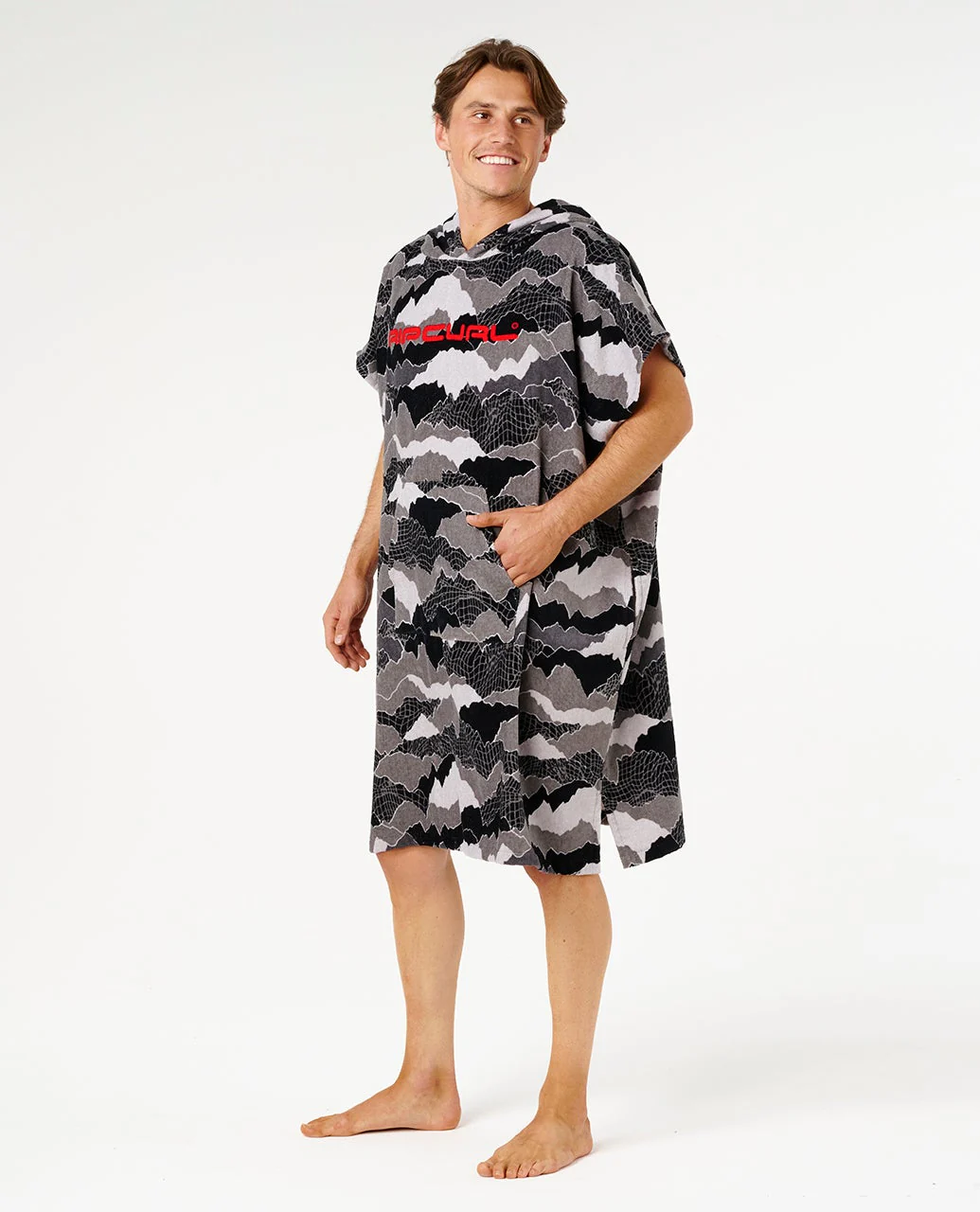 Poncho Fun Times Hooded Towel Rip Curl Black Grey con cappuccio, maniche e velluto di cotone 330 GSM