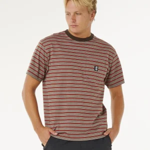 T-shirt Search Stripe Rip Curl da uomo color Coffee in cotone jacquard con tasca sul petto e loose fit