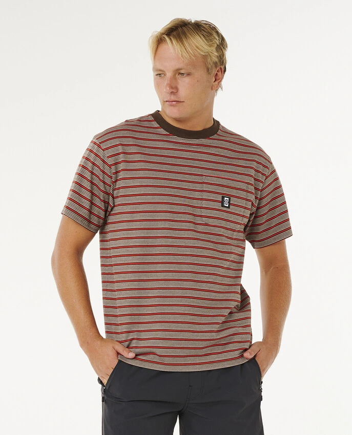 T-shirt Search Stripe Rip Curl da uomo color Coffee in cotone jacquard con tasca sul petto e loose fit