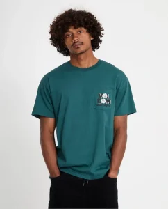 T-shirt Parted Out Pocket Volcom verde da uomo con fit loose, taschino stampato e grafica sul retro