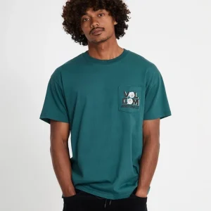 T-shirt Parted Out Pocket Volcom verde da uomo con fit loose, taschino stampato e grafica sul retro