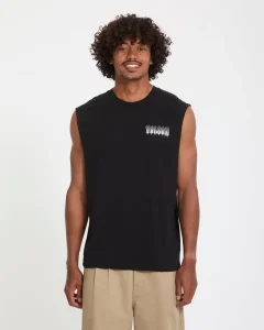 Canotta Gamma Doom Volcom da uomo nera smanicata in cotone con stampa grafica fronte e retro
