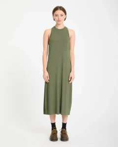 Vestito Stonelight Bayleaf Volcom_verde da donna con maniche corte, collo rotondo e lunghezza al polpaccio