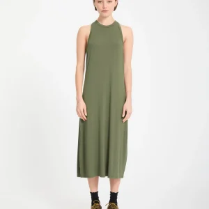 Vestito Stonelight Bayleaf Volcom_verde da donna con maniche corte, collo rotondo e lunghezza al polpaccio
