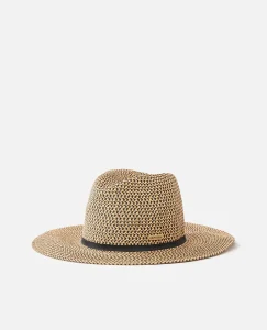 Cappello Panama Classic Surf Rip Curl black tan da donna con tesa media, fascia grosgrain e badge in metallo.