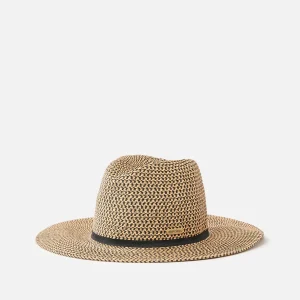 Cappello Panama Classic Surf Rip Curl black tan da donna con tesa media, fascia grosgrain e badge in metallo.
