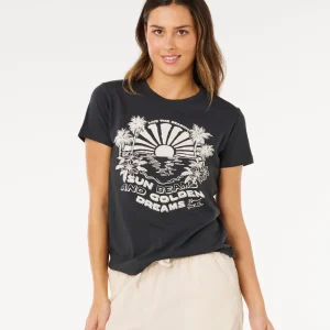T-shirt Sun Beams Standard Rip Curl da donna a maniche corte, fit standard, stampa frontale e tessuto in cotone stone wash.