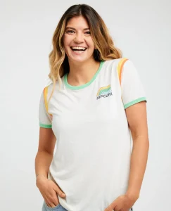 T-shirt Surf Side Ringer Rip Curl navy da donna con maniche corte, ringer fit e profili a contrasto su collo e maniche.
