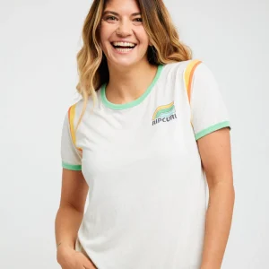 T-shirt Surf Side Ringer Rip Curl navy da donna con maniche corte, ringer fit e profili a contrasto su collo e maniche.
