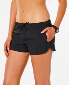 Boardshort Classic Surf 3" Rip Curl nero da donna, corto con vita elasticizzata, tasche laterali in mesh e logo ricamato.