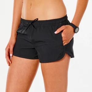 Boardshort Classic Surf 3" Rip Curl nero da donna, corto con vita elasticizzata, tasche laterali in mesh e logo ricamato.