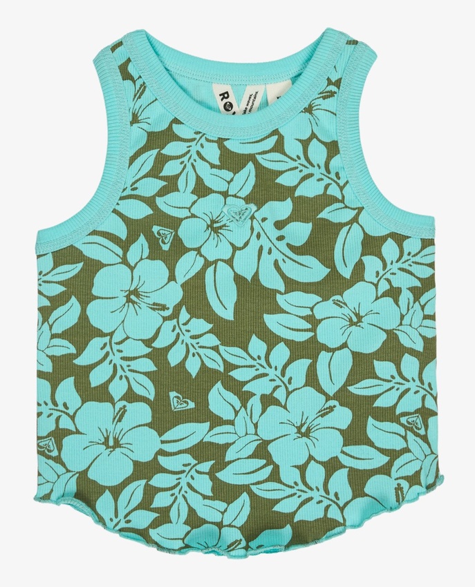 Canotta Sunlight Boost Roxy da ragazza con scollo rotondo aperto e logo grafico frontale.
