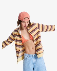 Felpa Perfect Stripe Roxy da donna a righe con cappuccio, tasca canguro e ricamo frontale.