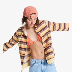 Felpa Perfect Stripe Roxy da donna a righe con cappuccio, tasca canguro e ricamo frontale.