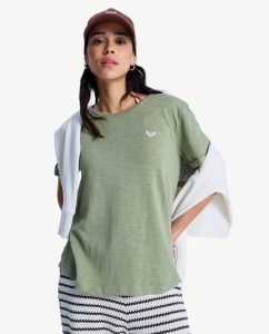 T-shirt Oceanwave Regular Emby Roxy da donna con maniche arrotolate e ricamo sul petto.