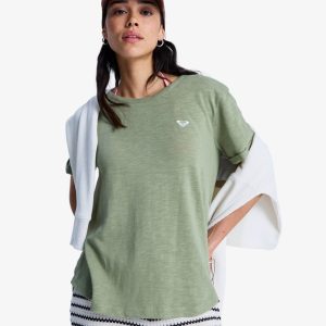T-shirt Oceanwave Regular Emby Roxy da donna con maniche arrotolate e ricamo sul petto.