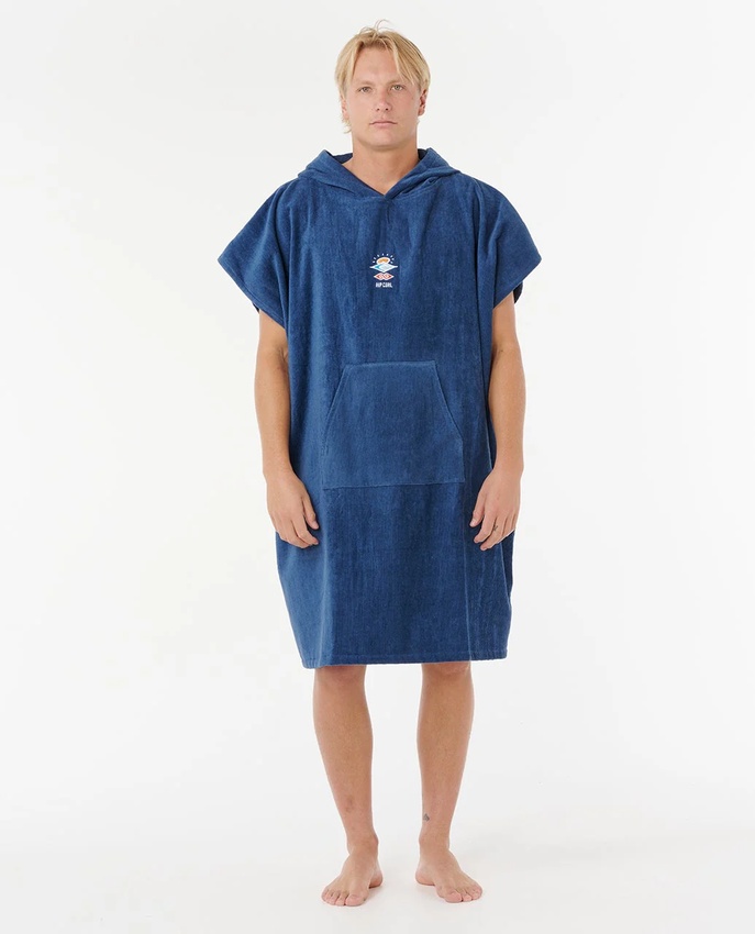 Poncho Surf Logo Hooded Towel Rip Curl Navy con cappuccio, maniche e tasca a canguro.