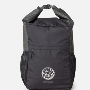 Sacca Stagna 25L Ventura Rip Curl Black/Grey con spallacci, tasca zip e tasche laterali.
