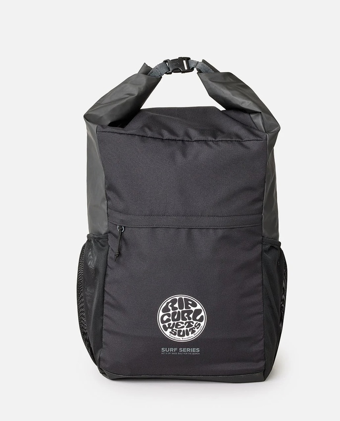 Sacca Stagna 25L Ventura Rip Curl Black/Grey con spallacci, tasca zip e tasche laterali.
