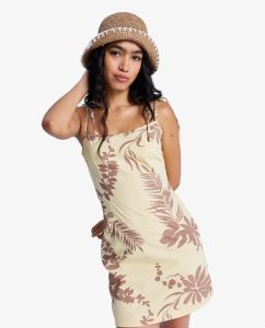 Vestito New Nostalgia Printed Roxy da donna giallo con stampa all-over e spalline con lacci.