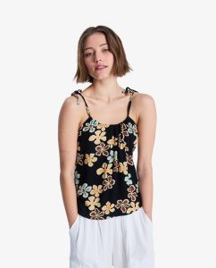 Camicetta Wild Waves Crepe Roxy nera da donna con spalline, stampa all-over e lacci sulla schiena.