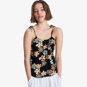 Camicetta Wild Waves Crepe Roxy nera da donna con spalline, stampa all-over e lacci sulla schiena.