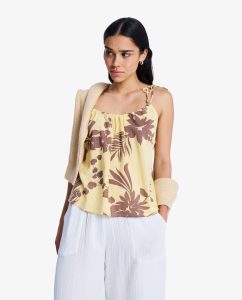 Camicetta Wild Waves Roxy gialla da donna con spalline, stampa all-over e lacci sulla schiena.
