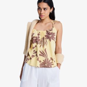 Camicetta Wild Waves Roxy gialla da donna con spalline, stampa all-over e lacci sulla schiena.
